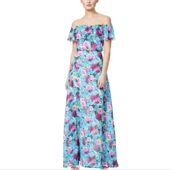 Betsey Johnson Off The Shoulder Floral Maxi Dress Size 14 Blue Roses Multicolor - Picture 1 of 12